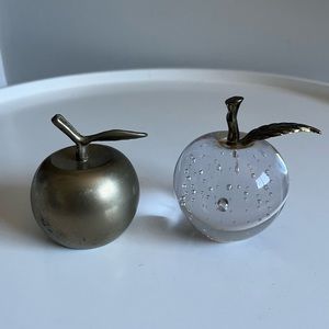Lot of 2 Vintage Apple Shape Brass Bell and Glass Paperweight